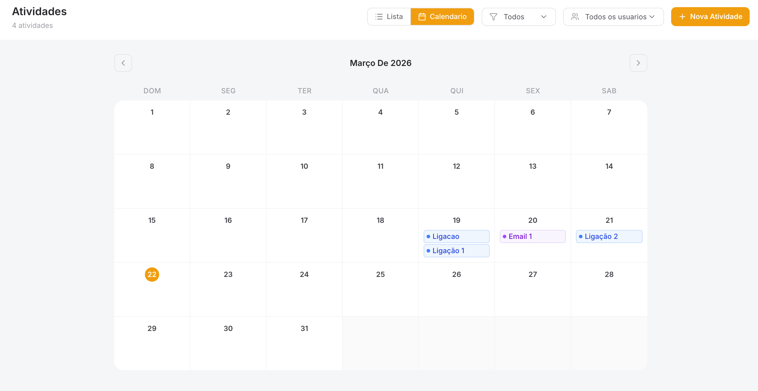 Calendário de atividades do DMhub com ligações e emails agendados
