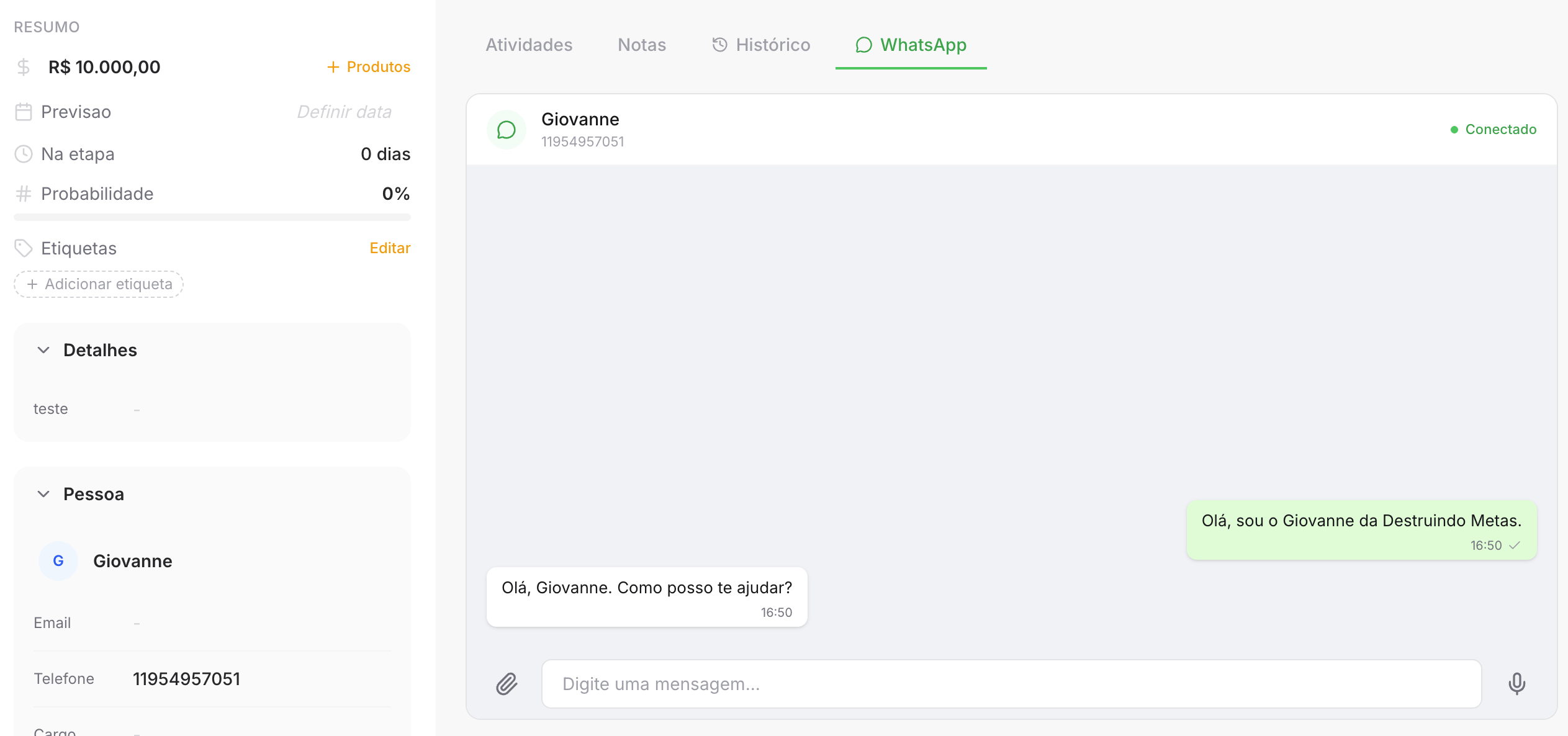 Chat do WhatsApp integrado ao CRM do DMhub